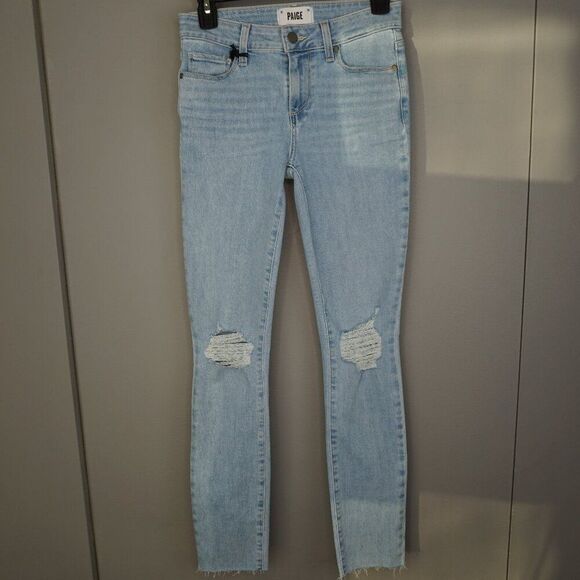 New Paige Skyline Ankle Peg Raw Hem Mid Rise Jeans in Daralyn Destructed size 25 - Picture 1 of 16